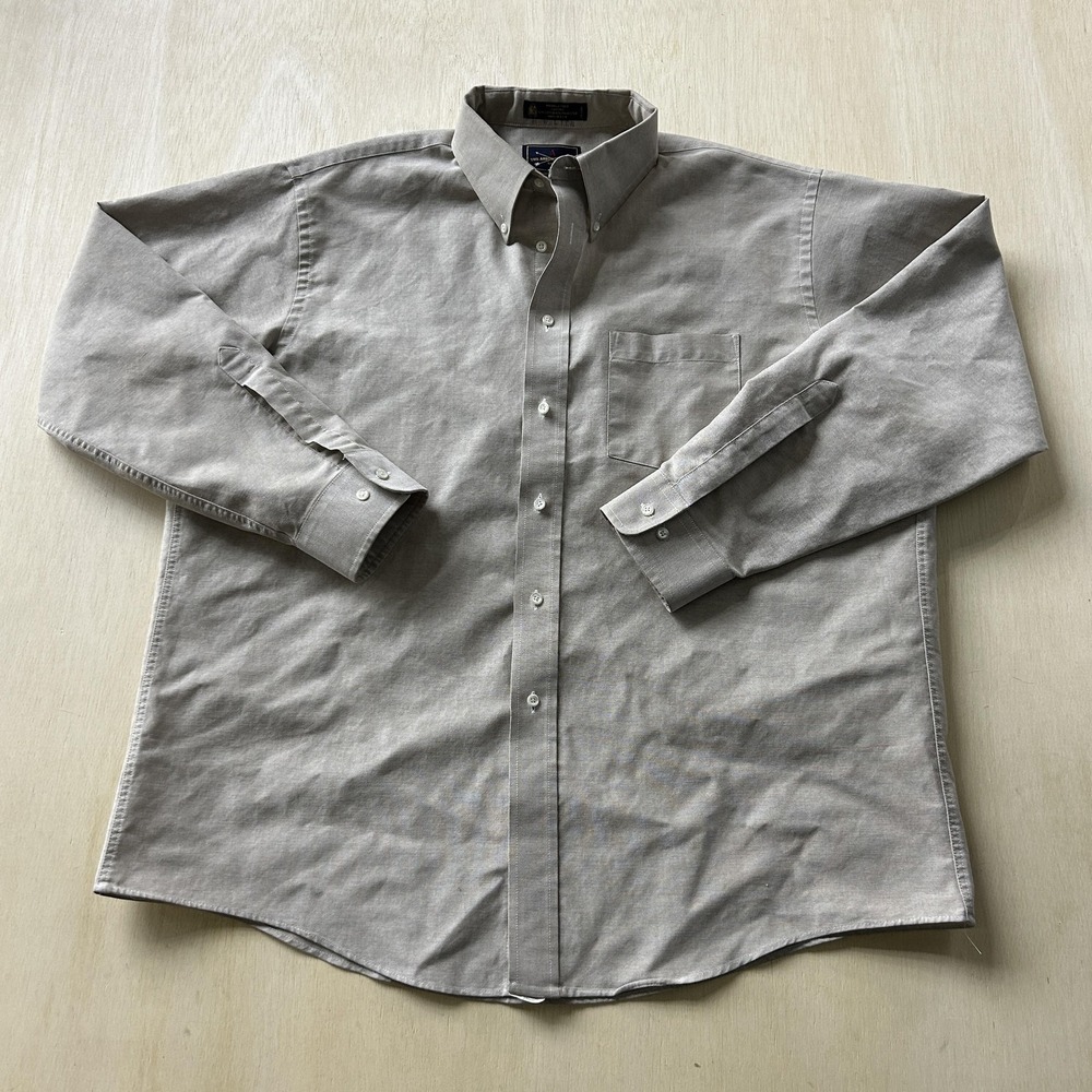 Arrow Dress Shirt Mens 17.5 34/35 Beige Wrinkle Free Oxford Long Sleeve USA